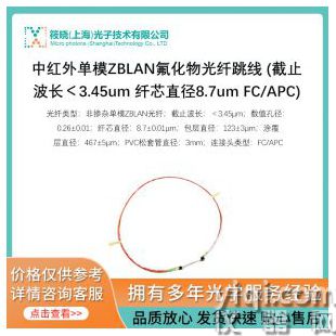 中紅外單模ZBLAN氟化物光纖跳線 (截止波長＜3.45um 纖芯直徑8.7um FC/APC)